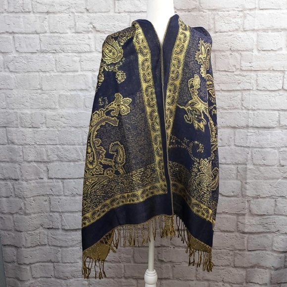 unbranded Accessories - Pashmina Shawl Wrap Metallic Gold &Navy